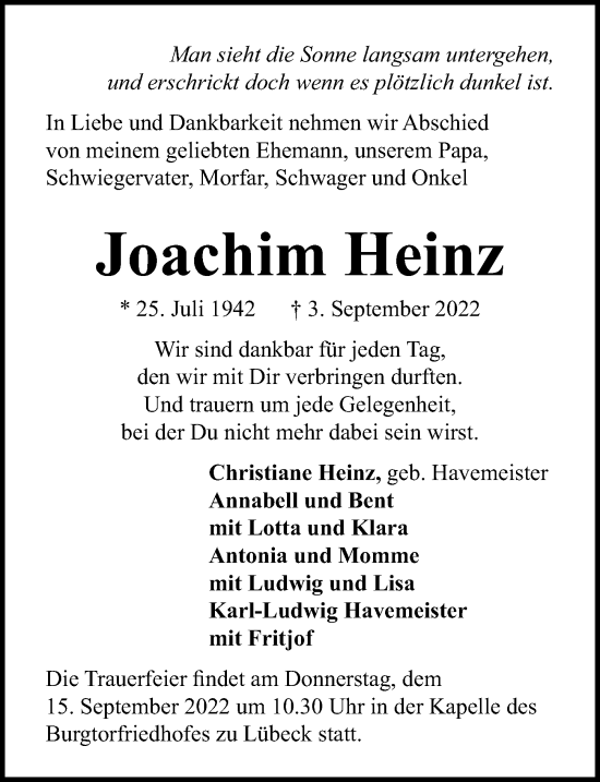 Traueranzeige von Joachim Heinz von Lübecker Nachrichten