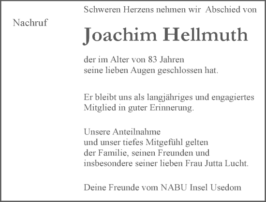 Traueranzeige von Joachim Hellmuth von Ostsee-Zeitung GmbH