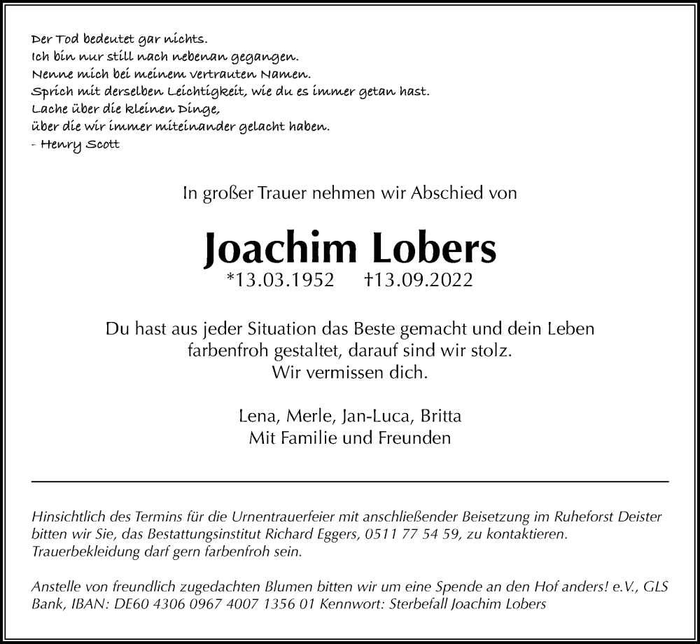  Traueranzeige für Joachim Lobers vom 17.09.2022 aus Hannoversche Allgemeine Zeitung/Neue Presse
