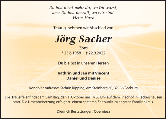 Traueranzeige von Jörg Sacher von Göttinger Tageblatt