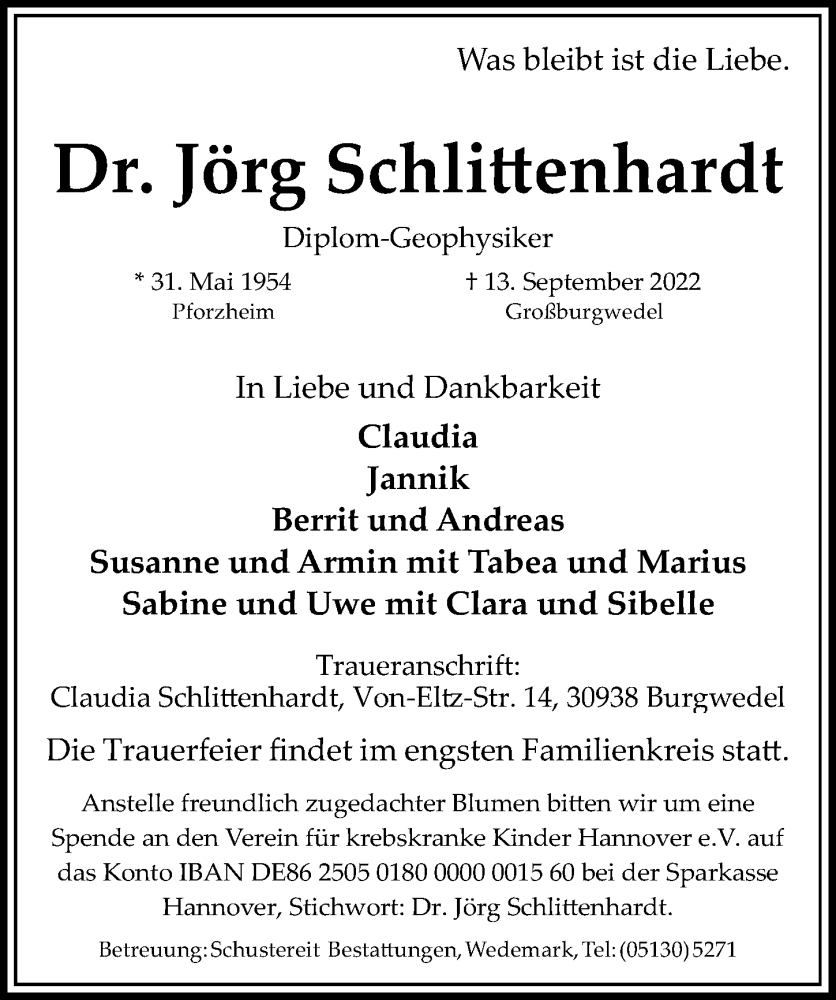  Traueranzeige für Jörg Schlittenhardt vom 17.09.2022 aus Hannoversche Allgemeine Zeitung/Neue Presse