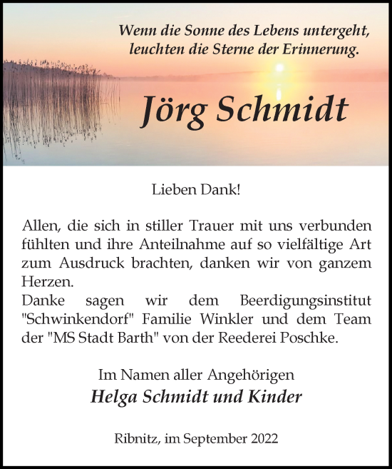 Traueranzeige von Jörg Schmidt von Ostsee-Zeitung GmbH