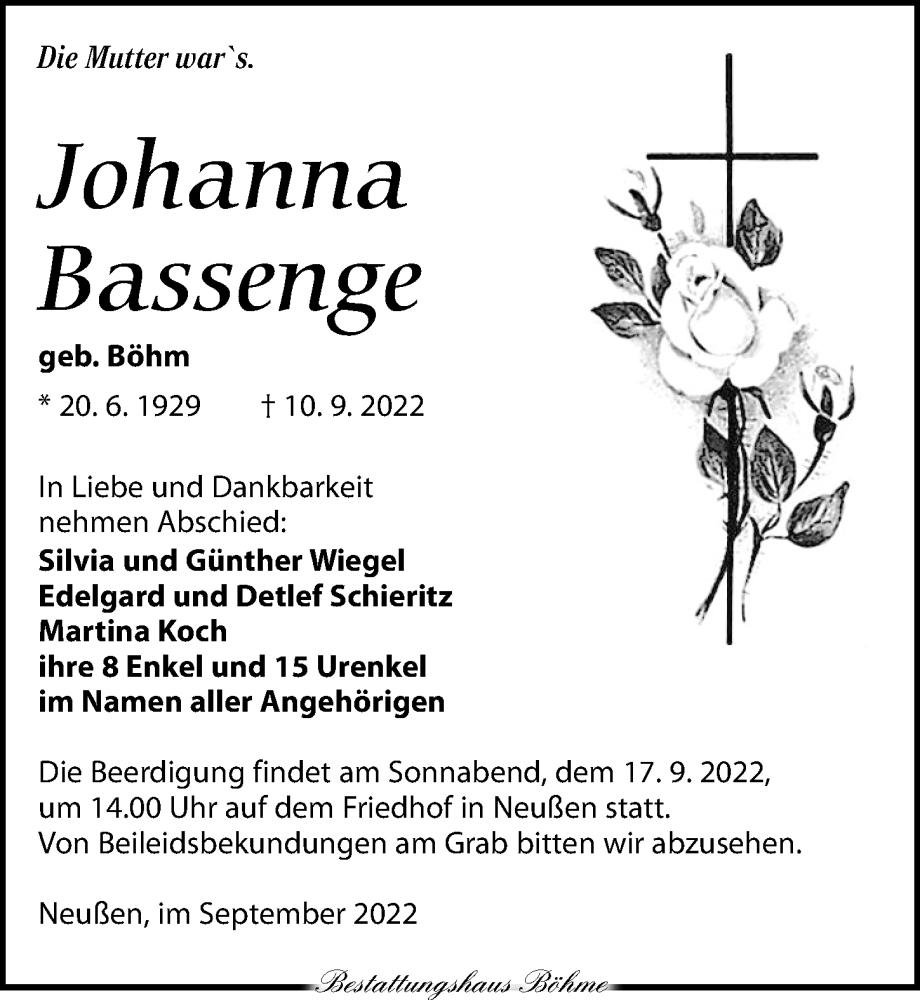  Traueranzeige für Johanna Bassenge vom 14.09.2022 aus Torgauer Zeitung