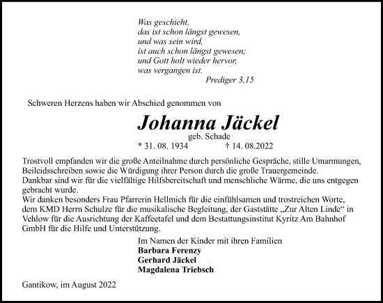 Traueranzeige von Johanna Jäckel von Märkischen Allgemeine Zeitung