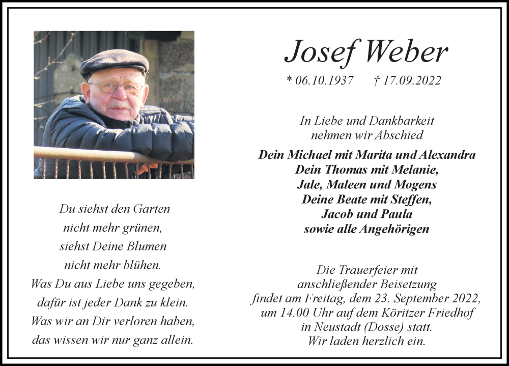  Traueranzeige für Josef Weber vom 20.09.2022 aus Märkischen Allgemeine Zeitung