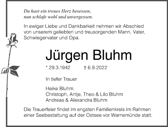 Traueranzeige von Jürgen Bluhm von Ostsee-Zeitung GmbH