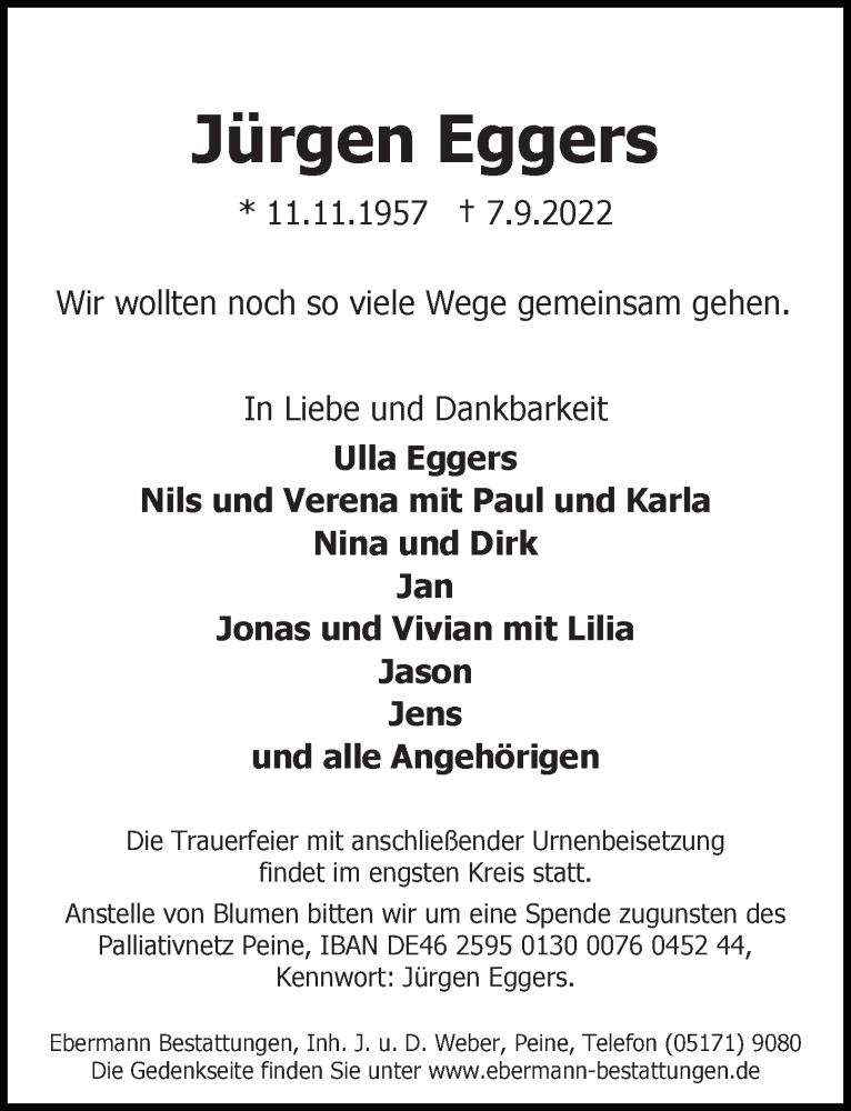  Traueranzeige für Jürgen Eggers vom 17.09.2022 aus Peiner Allgemeine Zeitung