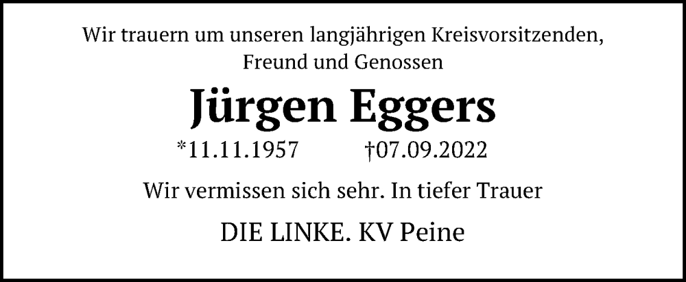  Traueranzeige für Jürgen Eggers vom 17.09.2022 aus Peiner Allgemeine Zeitung