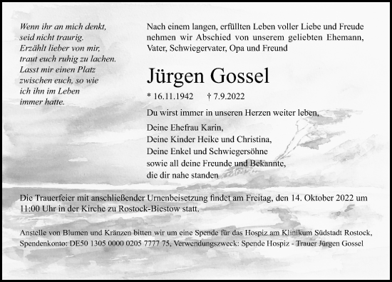 Traueranzeige von Jürgen Gossel von Ostsee-Zeitung GmbH