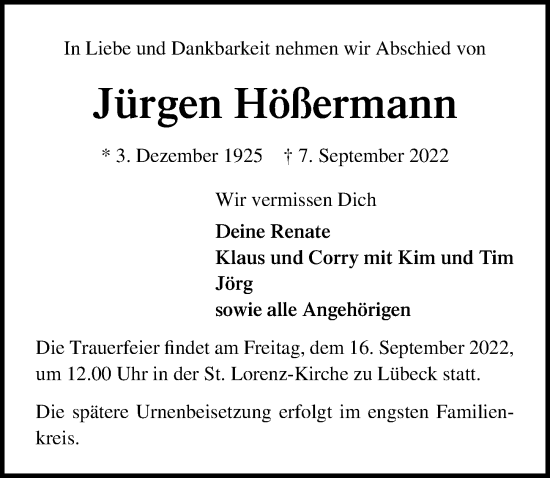 Traueranzeige von Jürgen Hößermann von Lübecker Nachrichten