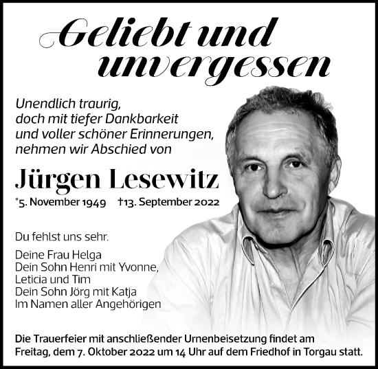 Traueranzeige von Jürgen Lesewitz von Torgauer Zeitung