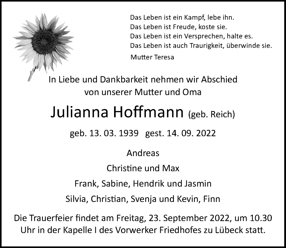  Traueranzeige für Julianna Hoffmann vom 18.09.2022 aus Lübecker Nachrichten