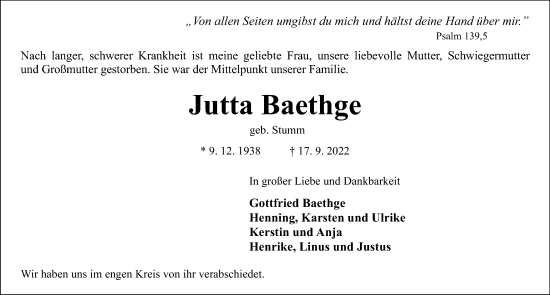 Traueranzeige von Jutta Baethge von Lübecker Nachrichten