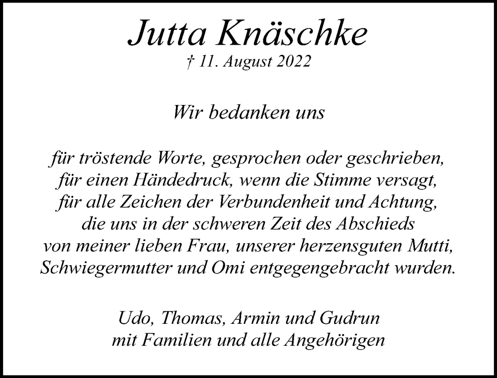 Traueranzeige für Jutta Knäschke vom 10.09.2022 aus Märkischen Allgemeine Zeitung