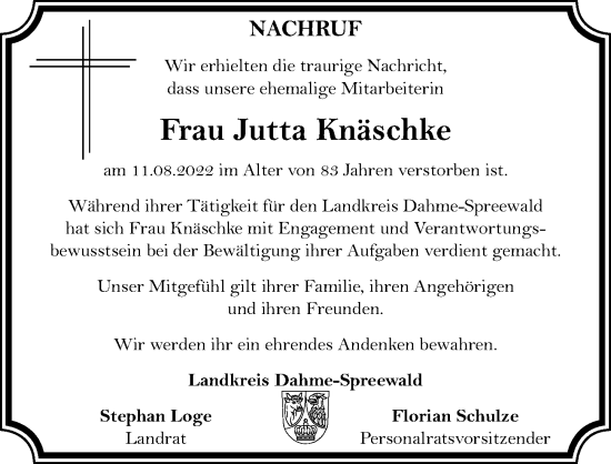 Traueranzeige von Jutta Knäschke von Märkischen Allgemeine Zeitung