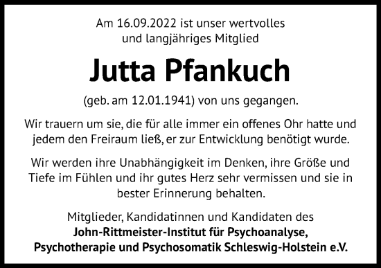 Traueranzeige von Jutta Pfankuch von Kieler Nachrichten