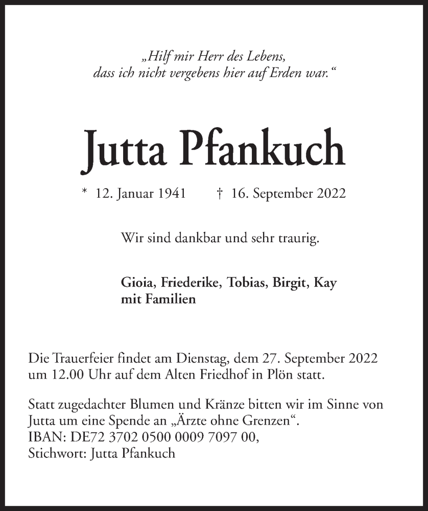  Traueranzeige für Jutta Pfankuch vom 24.09.2022 aus Kieler Nachrichten