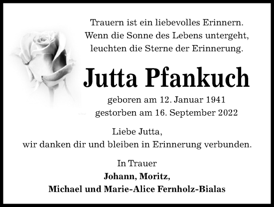 Traueranzeige von Jutta Pfankuch von Kieler Nachrichten