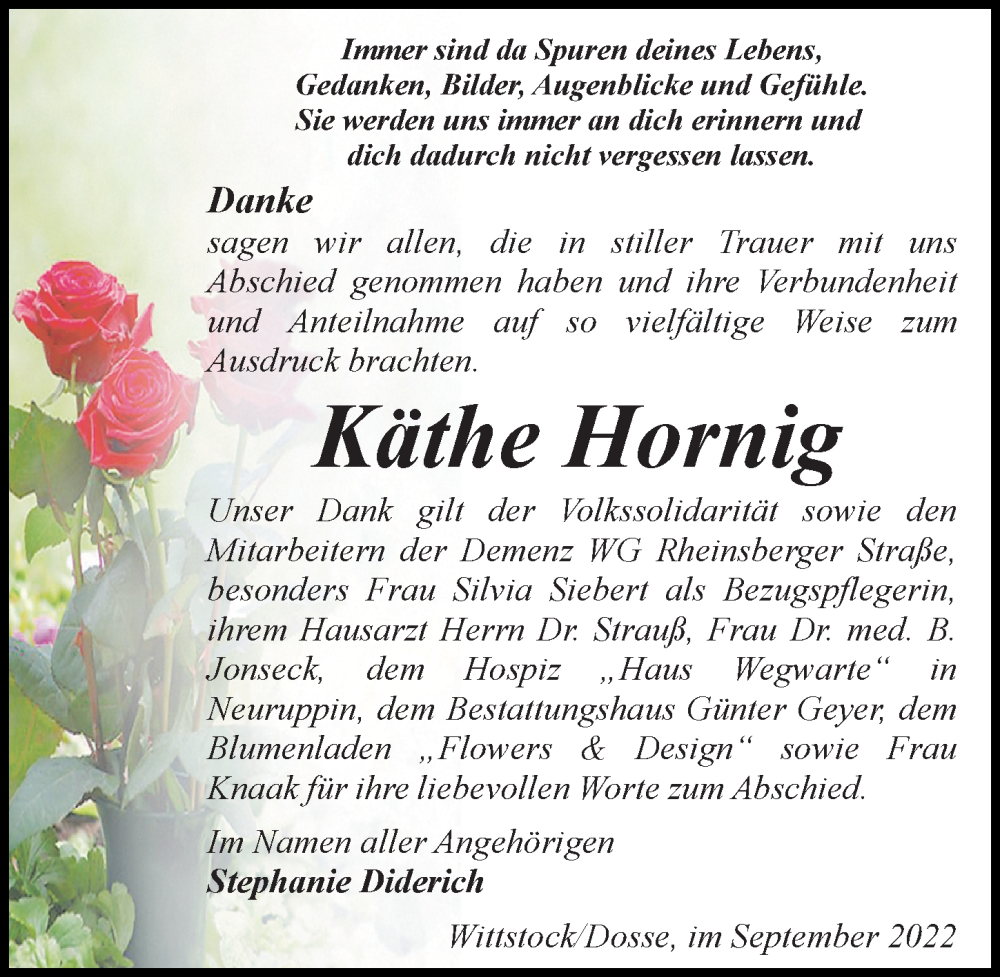  Traueranzeige für Käthe Hornig vom 17.09.2022 aus Märkischen Allgemeine Zeitung