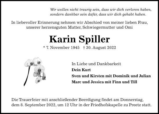 Traueranzeige von Karin Spiller von Kieler Nachrichten