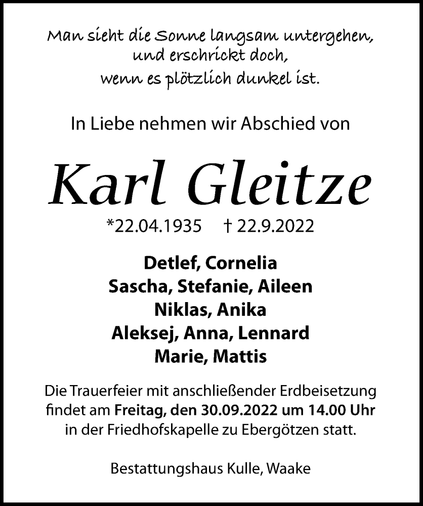  Traueranzeige für Karl Gleitze vom 28.09.2022 aus Göttinger Tageblatt