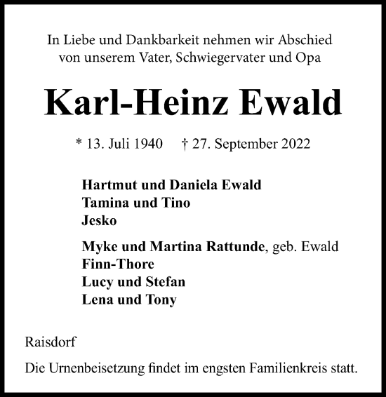 Traueranzeige von Karl-Heinz Ewald von Kieler Nachrichten