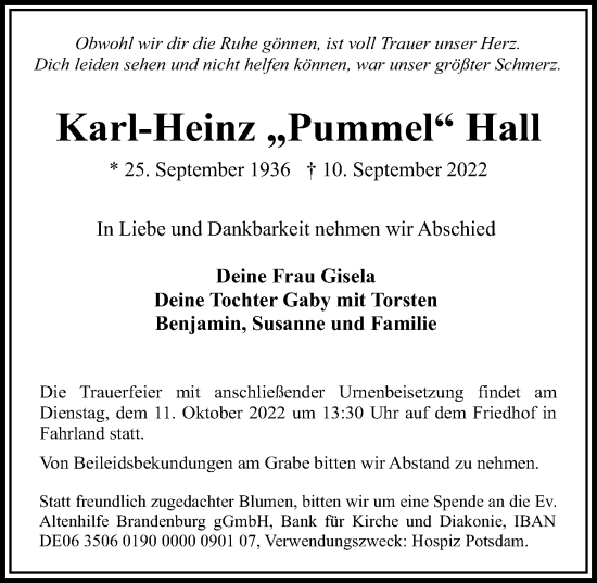 Traueranzeige von Karl-Heinz Hall von Märkischen Allgemeine Zeitung