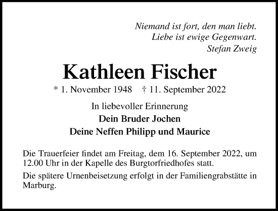 Traueranzeige von Kathleen Fischer von Lübecker Nachrichten