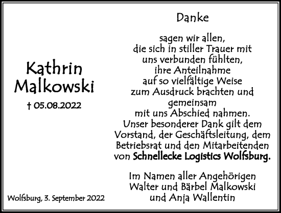 Traueranzeige von Kathrin Malkowski von Aller Zeitung