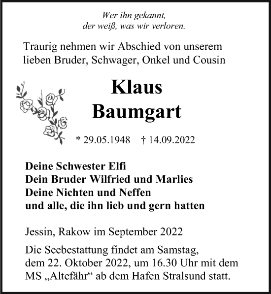 Traueranzeige von Klaus Baumgart von Ostsee-Zeitung GmbH