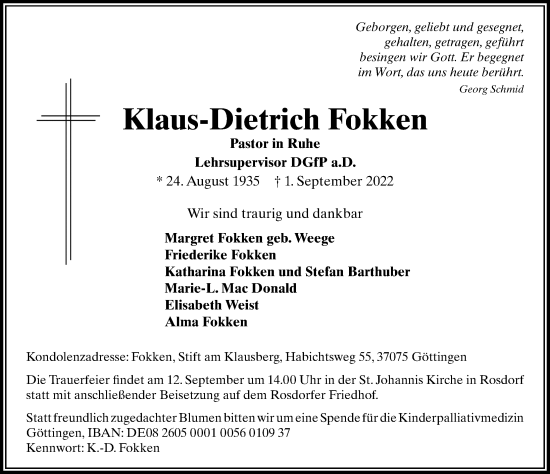 Traueranzeige von Klaus-Dietrich Fokken von Göttinger Tageblatt