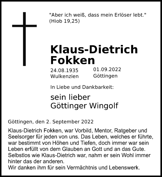 Traueranzeige von Klaus-Dietrich Fokken von Göttinger Tageblatt