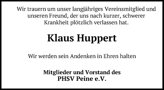 Traueranzeige von Klaus Huppert von Peiner Allgemeine Zeitung