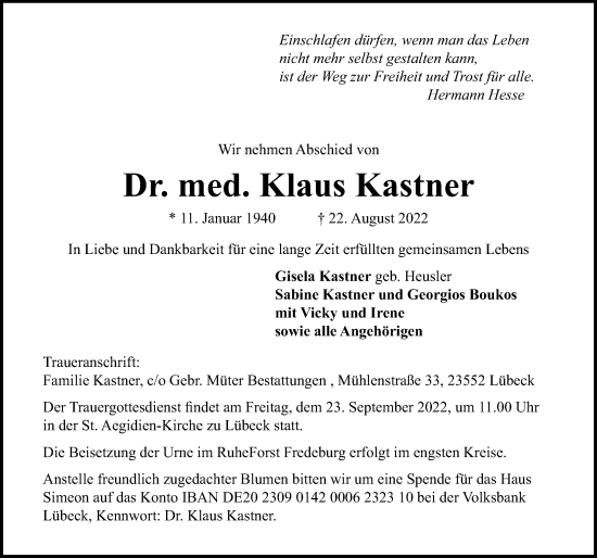 Traueranzeige von Klaus Kastner von Lübecker Nachrichten