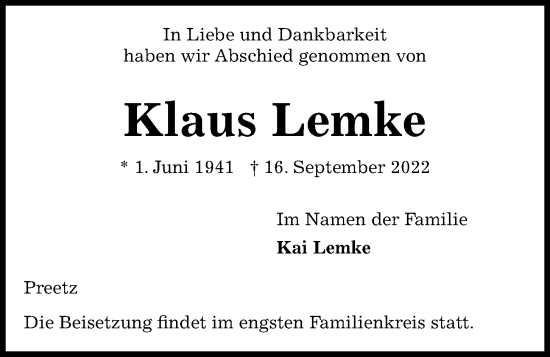 Traueranzeige von Klaus Lemke von Kieler Nachrichten