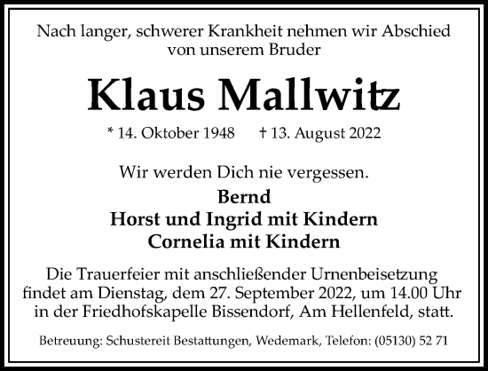 Traueranzeige von Klaus Mallwitz von Hannoversche Allgemeine Zeitung/Neue Presse