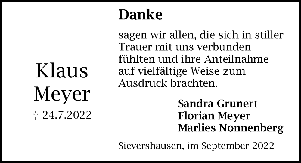 Traueranzeige für Klaus Meyer vom 17.09.2022 aus Peiner Allgemeine Zeitung