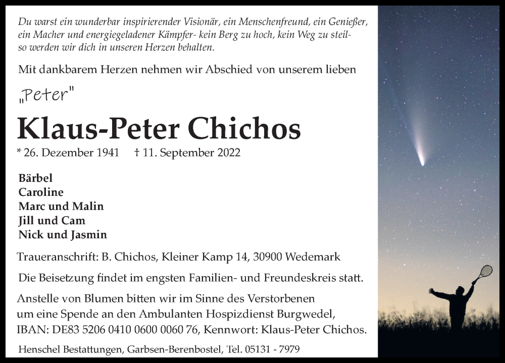 Traueranzeige für Klaus-Peter Chichos vom 24.09.2022 aus Hannoversche Allgemeine Zeitung/Neue Presse