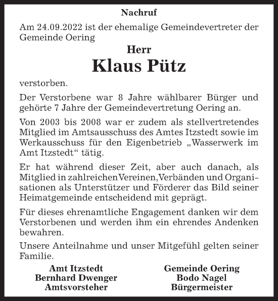 Traueranzeige von Klaus Pütz von Kieler Nachrichten