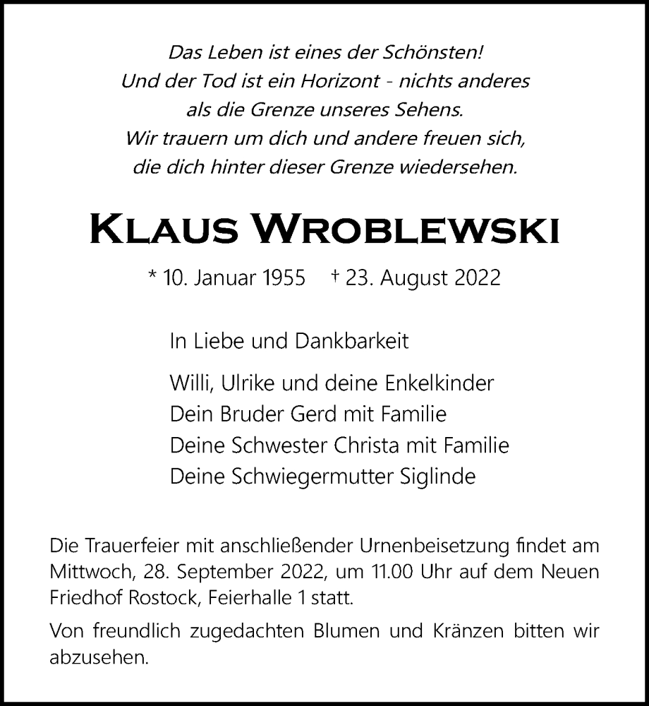  Traueranzeige für Klaus Wroblewski vom 03.09.2022 aus Ostsee-Zeitung GmbH