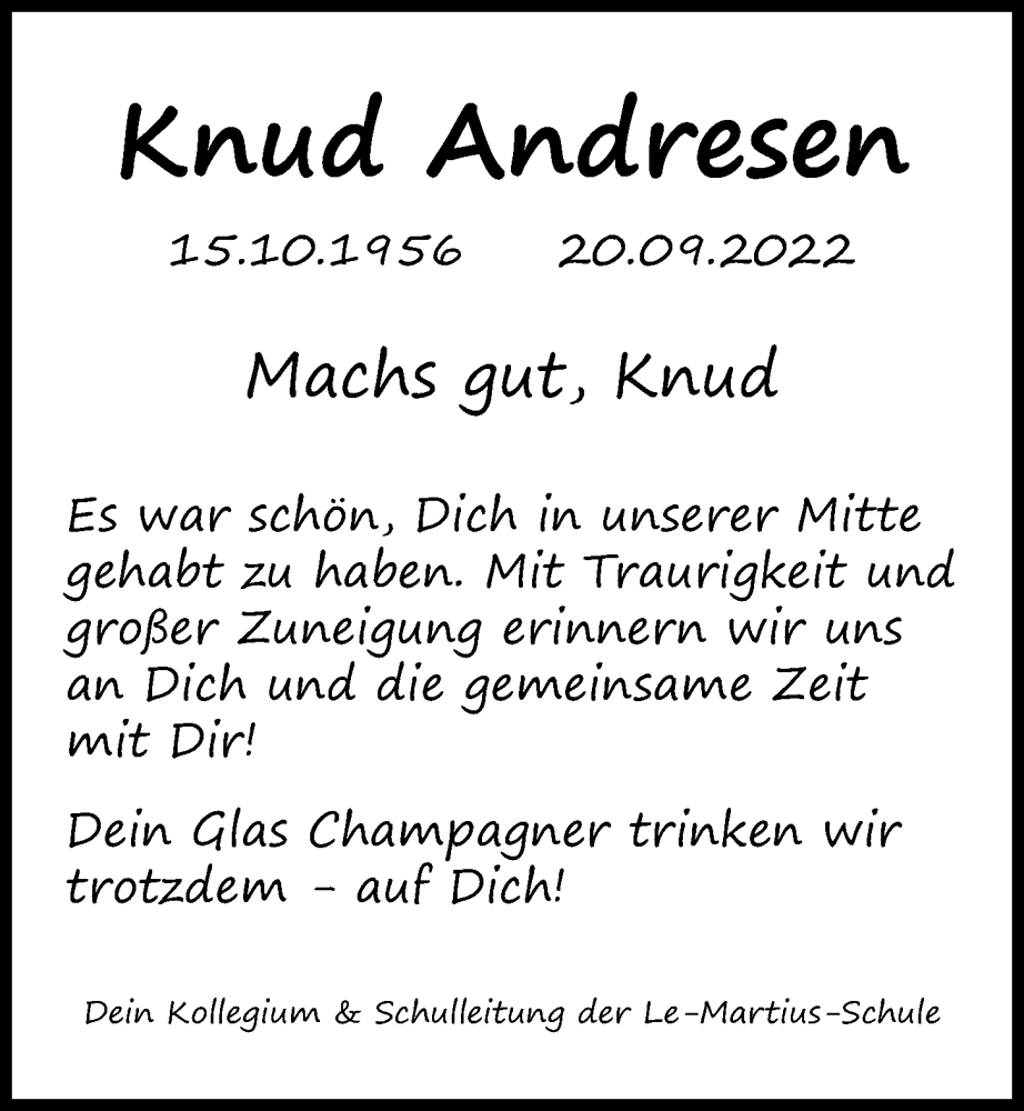  Traueranzeige für Knud Andresen vom 24.09.2022 aus Kieler Nachrichten