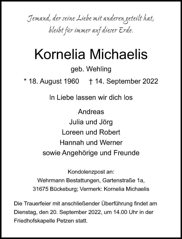  Traueranzeige für Kornelia Michaelis vom 17.09.2022 aus Schaumburger Nachrichten