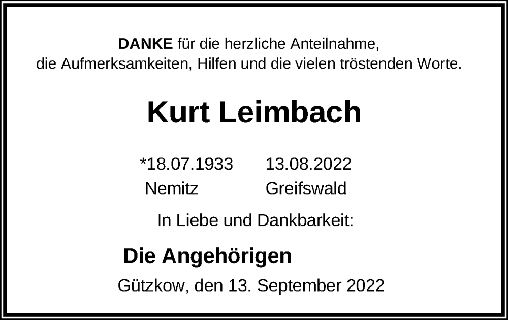  Traueranzeige für Kurt Leimbach vom 13.09.2022 aus Ostsee-Zeitung GmbH