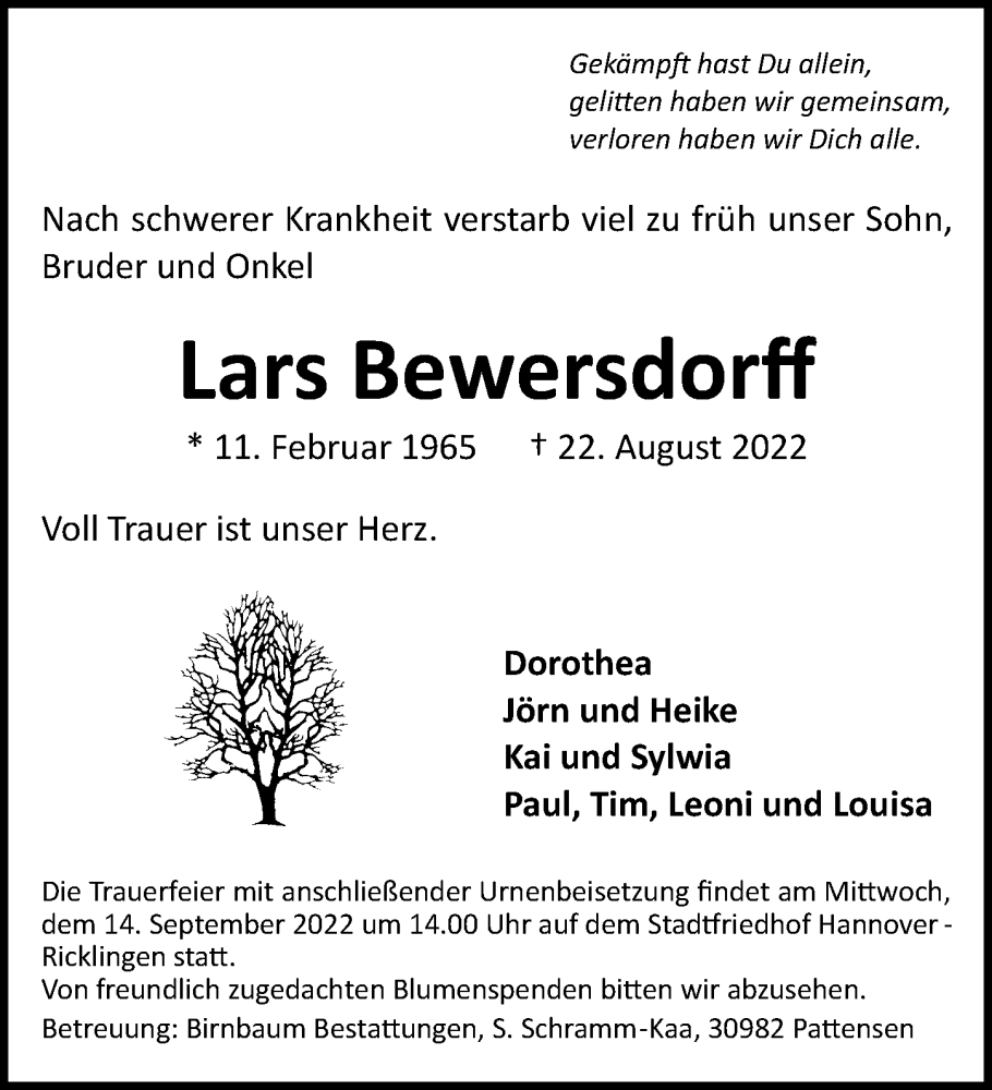  Traueranzeige für Lars Bewersdorff vom 03.09.2022 aus Hannoversche Allgemeine Zeitung/Neue Presse