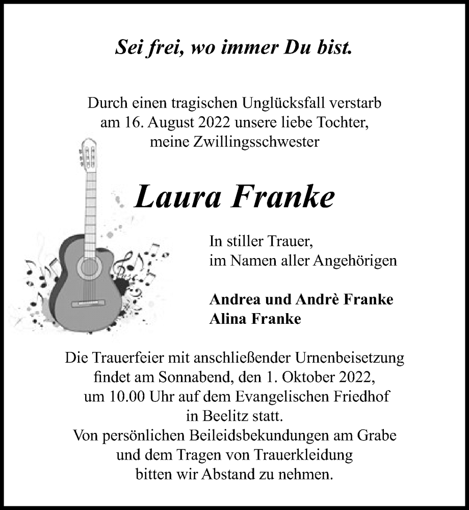  Traueranzeige für Laura Franke vom 24.09.2022 aus Märkischen Allgemeine Zeitung