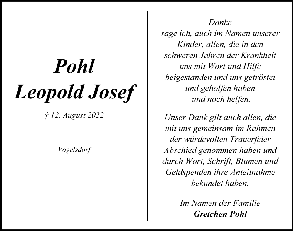  Traueranzeige für Leopold Josef Pohl vom 03.09.2022 aus Kieler Nachrichten