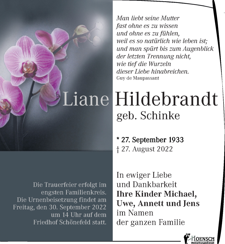  Traueranzeige für Liane Hildebrandt vom 10.09.2022 aus Leipziger Volkszeitung