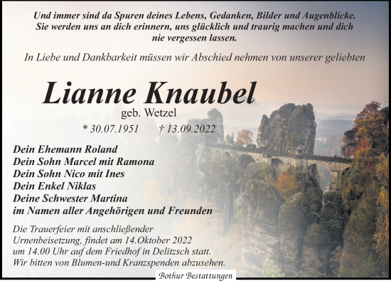 Traueranzeige von Lianne Knaubel von Leipziger Volkszeitung