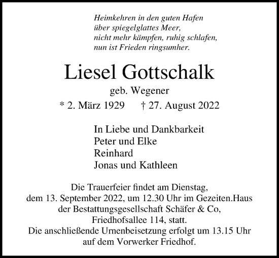 Traueranzeige von Liesel Gottschalk von Lübecker Nachrichten