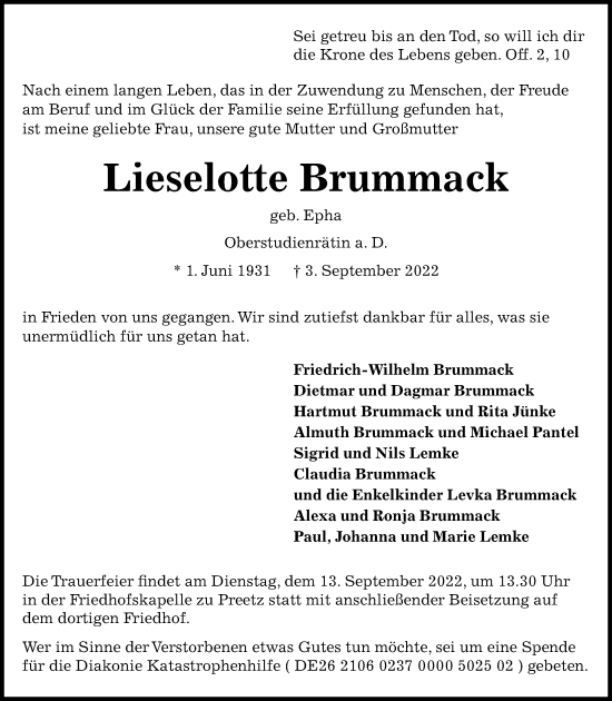 Traueranzeige von Lieselotte Brummack von Kieler Nachrichten